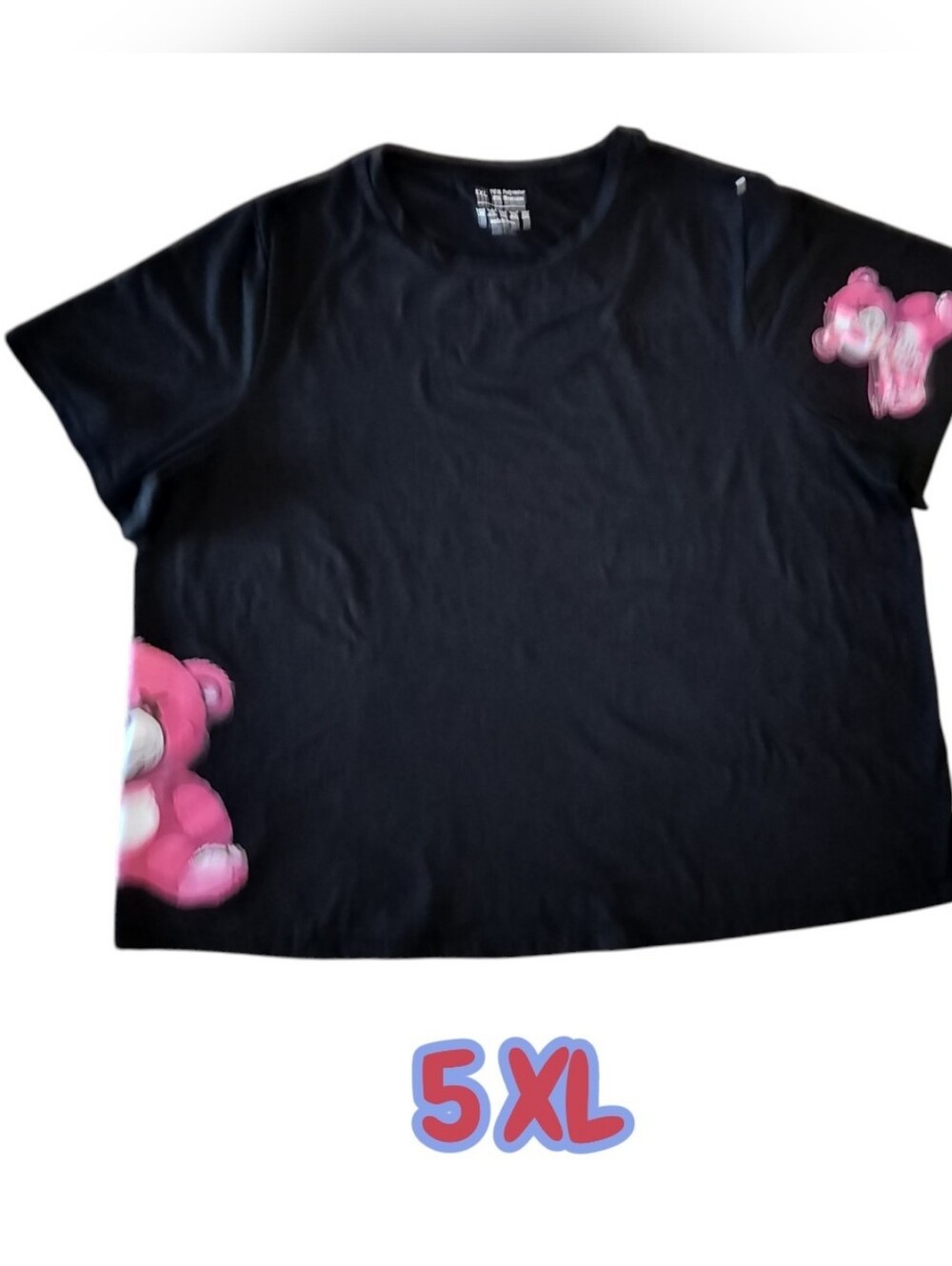 Black Oversized Teddy Bear Graphic T-Shirt – Pink Bear Print – Size 5XL